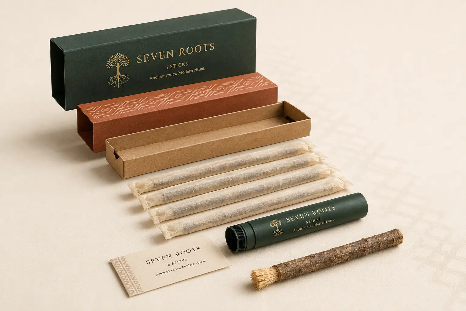 Static exploded view of the SEVEN ROOTS package
