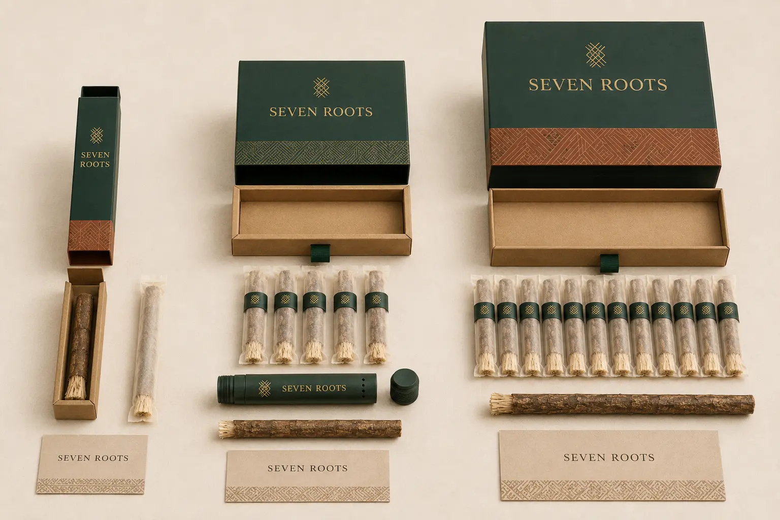 Exploded SEVEN ROOTS packaging family with Travel Sleeve, Daily Ritual, and Family Reserve components arranged by format