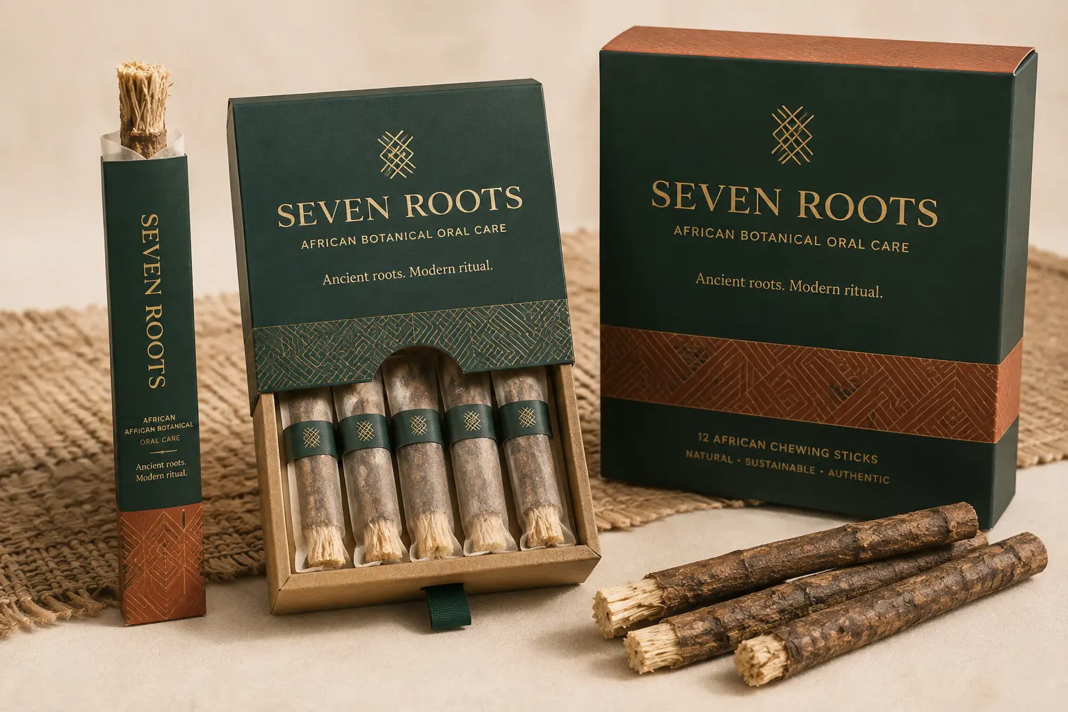 SEVEN ROOTS one-stick sleeve, open five-stick ritual carton, and twelve-stick family box